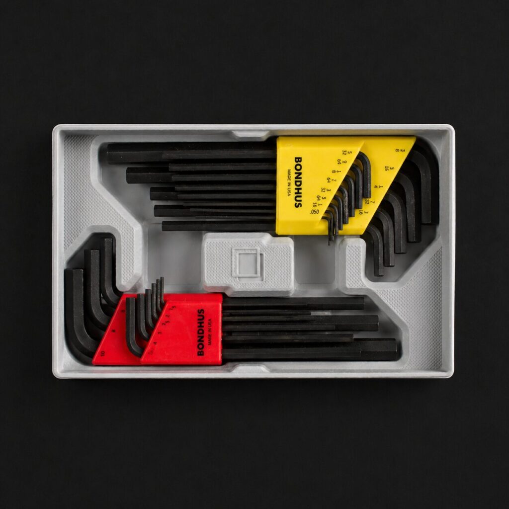 Benchforma allen wrench holder with Bondhus Hex Keys. Top Down View showing textures and High Quality Product