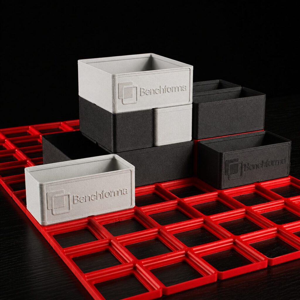 Benchforma branded Gridfinity Bins stacked on TPE baseplates, Benchforma Modular Systems Logo embossed on the bins