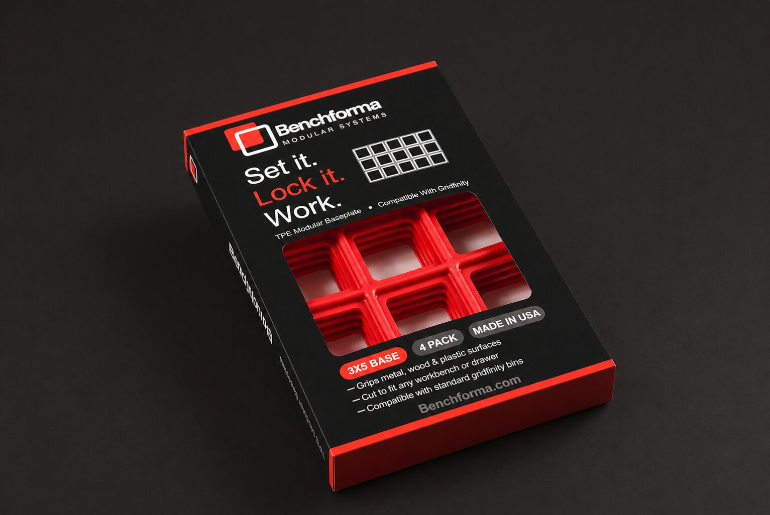Benchforma TPE baseplate packaging for the red four pack set