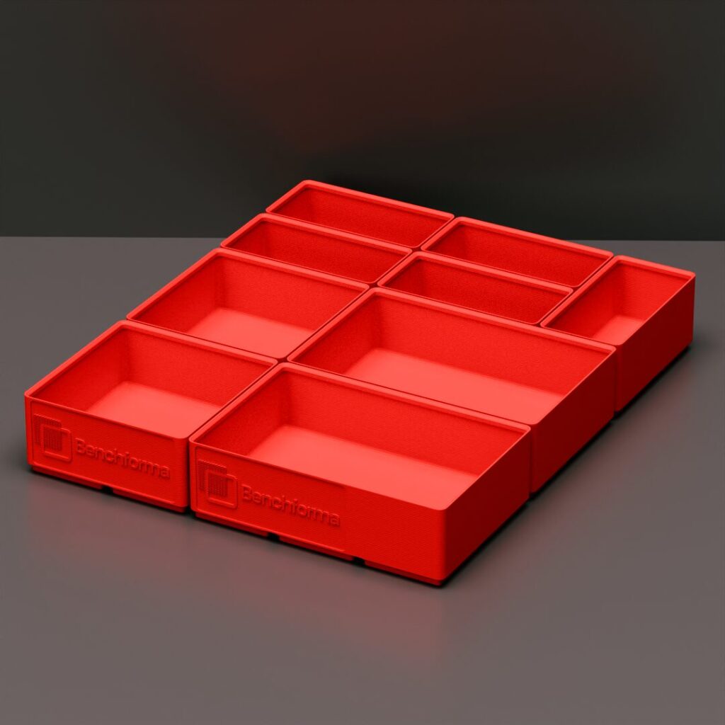 Small set of Benchforma braded girdfinity bin start kit ready for 3D printing in PLA or PETG